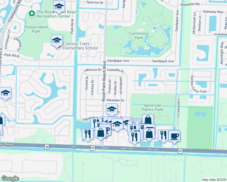 map of restaurants, bars, coffee shops, grocery stores, and more near 828 Croton Drive in Royal Palm Beach