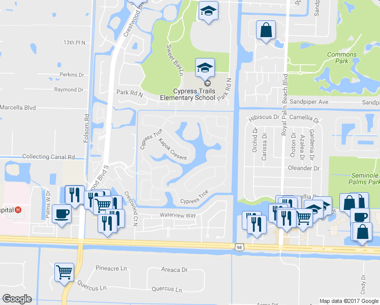 map of restaurants, bars, coffee shops, grocery stores, and more near 132 Kapok Crescent in Royal Palm Beach