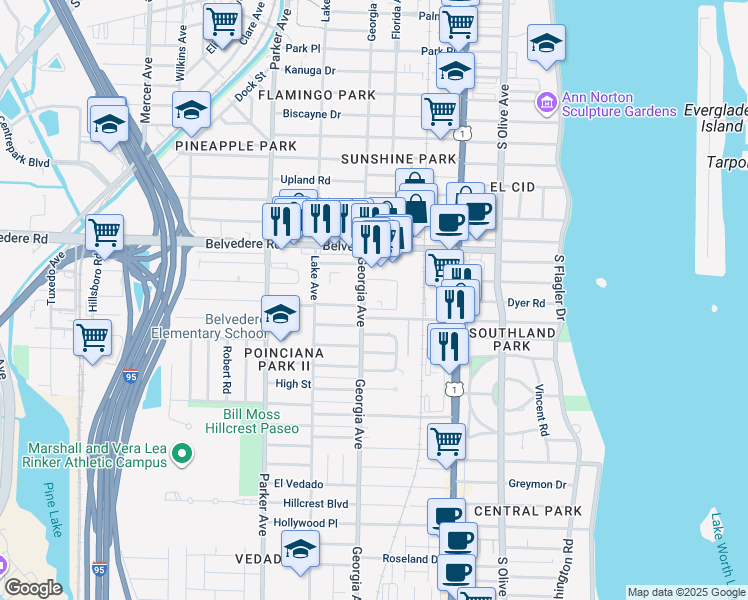 map of restaurants, bars, coffee shops, grocery stores, and more near in West Palm Beach