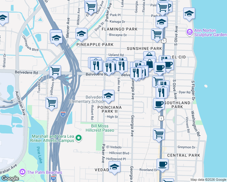 map of restaurants, bars, coffee shops, grocery stores, and more near in West Palm Beach