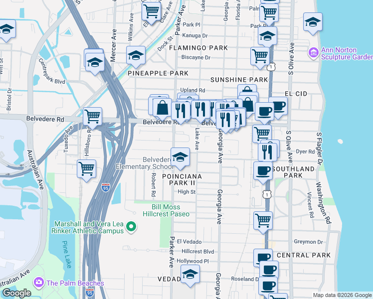 map of restaurants, bars, coffee shops, grocery stores, and more near in West Palm Beach