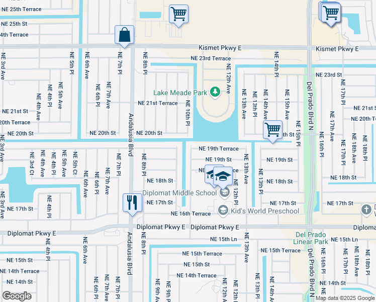 map of restaurants, bars, coffee shops, grocery stores, and more near 1910 Northeast 10th Place in Cape Coral