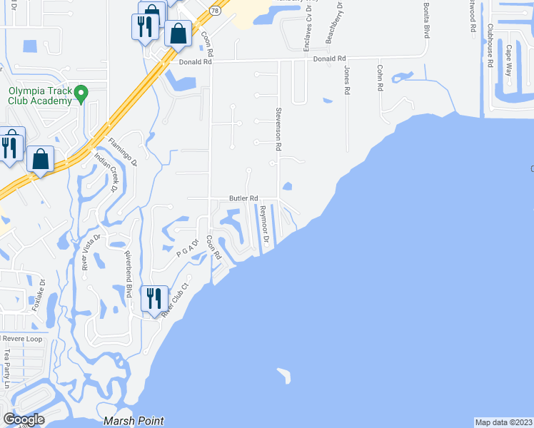 map of restaurants, bars, coffee shops, grocery stores, and more near 7204 Reymoor Drive in North Fort Myers