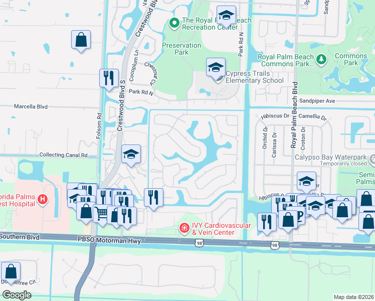 map of restaurants, bars, coffee shops, grocery stores, and more near 117 Kapok Crescent in Royal Palm Beach