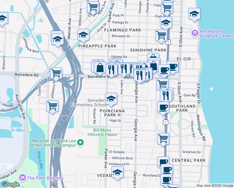 map of restaurants, bars, coffee shops, grocery stores, and more near in West Palm Beach