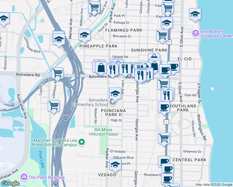 map of restaurants, bars, coffee shops, grocery stores, and more near in West Palm Beach