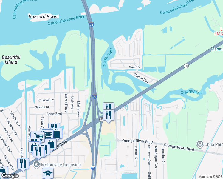 map of restaurants, bars, coffee shops, grocery stores, and more near 5605 Palm Beach Boulevard in Fort Myers