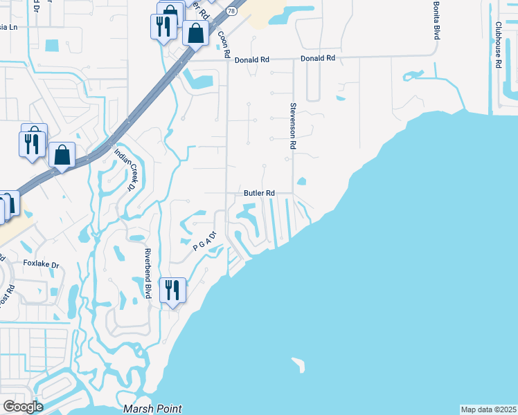 map of restaurants, bars, coffee shops, grocery stores, and more near 15464 Admiralty Circle in North Fort Myers