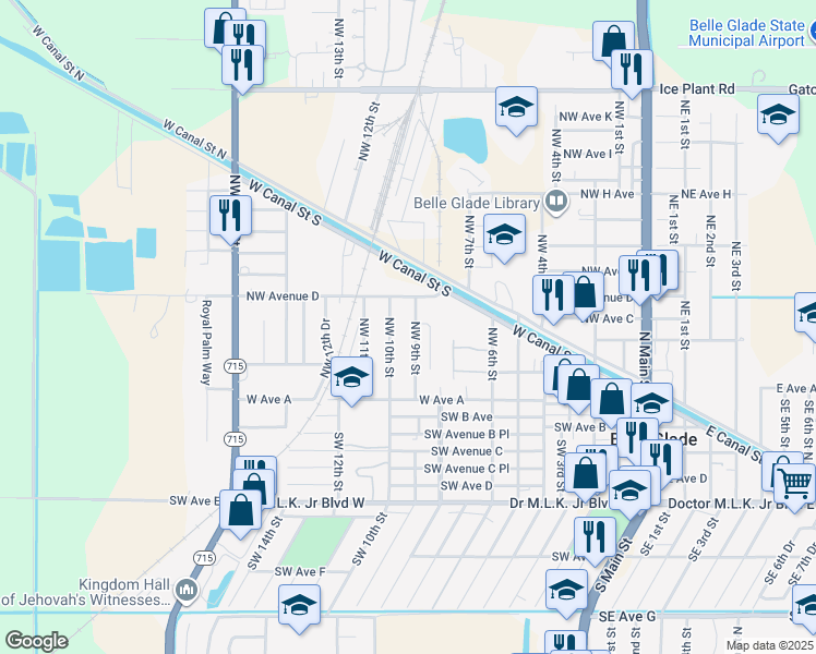 map of restaurants, bars, coffee shops, grocery stores, and more near 257 Northwest 10th Street in Belle Glade