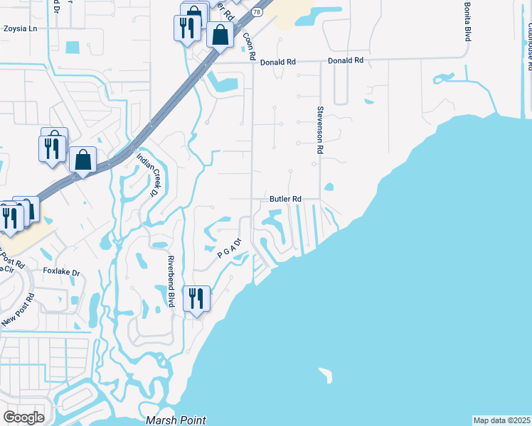 map of restaurants, bars, coffee shops, grocery stores, and more near 15452 Admiralty Circle in North Fort Myers