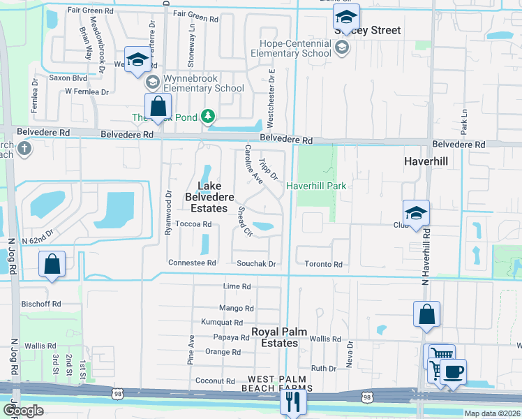map of restaurants, bars, coffee shops, grocery stores, and more near 5614 Sarazen Drive in West Palm Beach