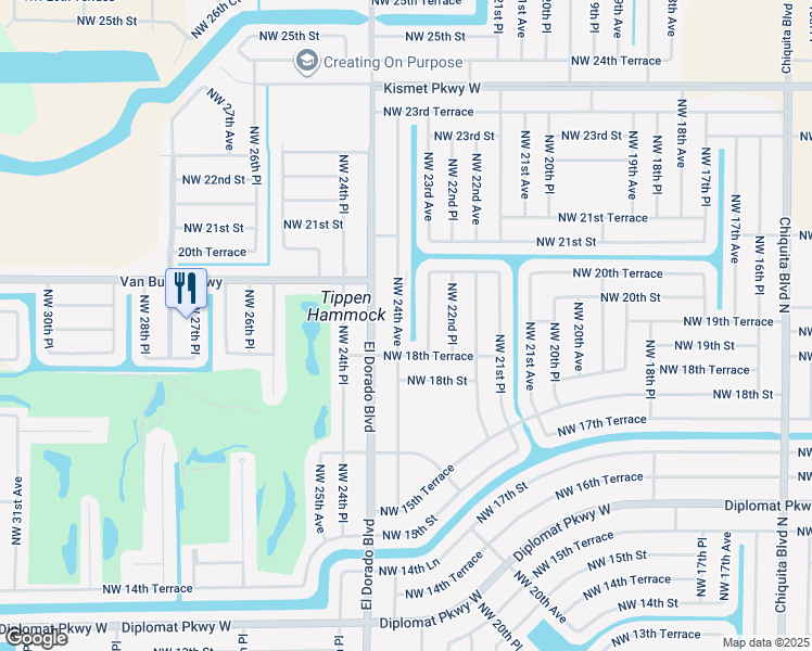 map of restaurants, bars, coffee shops, grocery stores, and more near 1821 Northwest 24th Avenue in Cape Coral