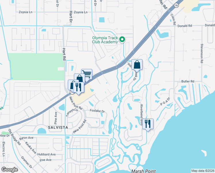 map of restaurants, bars, coffee shops, grocery stores, and more near 5770 Bayshore Road in North Fort Myers