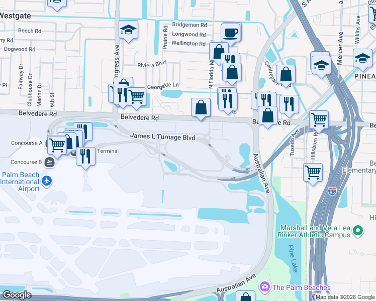 map of restaurants, bars, coffee shops, grocery stores, and more near 1000 James L Turnage Boulevard in West Palm Beach