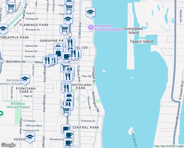 map of restaurants, bars, coffee shops, grocery stores, and more near 2745 South Flagler Drive in West Palm Beach