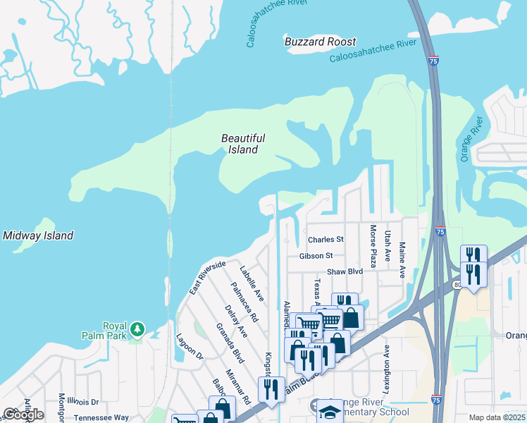 map of restaurants, bars, coffee shops, grocery stores, and more near 4881 East Riverside Drive in Fort Myers