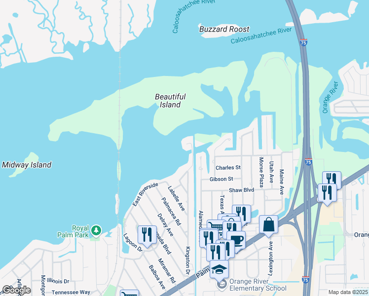 map of restaurants, bars, coffee shops, grocery stores, and more near 4881 East Riverside Drive in Fort Myers