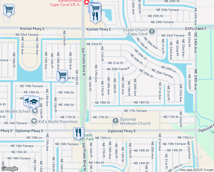 map of restaurants, bars, coffee shops, grocery stores, and more near 1902 Northeast 17th Place in Cape Coral