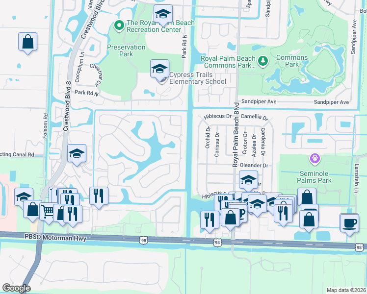 map of restaurants, bars, coffee shops, grocery stores, and more near 192 Cypress Trce in Royal Palm Beach