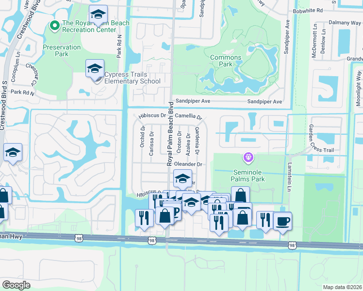 map of restaurants, bars, coffee shops, grocery stores, and more near 828 Croton Drive in Royal Palm Beach