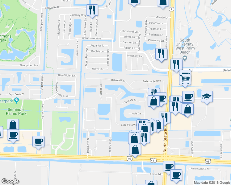 map of restaurants, bars, coffee shops, grocery stores, and more near 102 Ibisca Terrace in West Palm Beach