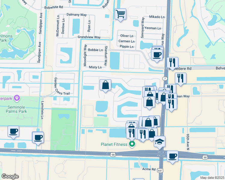 map of restaurants, bars, coffee shops, grocery stores, and more near 102 Ibisca Terrace in Royal Palm Beach