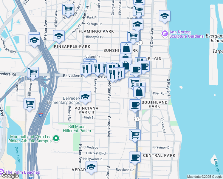 map of restaurants, bars, coffee shops, grocery stores, and more near 632 Belvedere Road in West Palm Beach