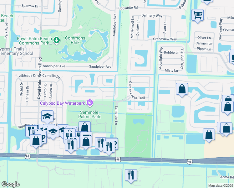 map of restaurants, bars, coffee shops, grocery stores, and more near 357 River Bluff Lane in Royal Palm Beach