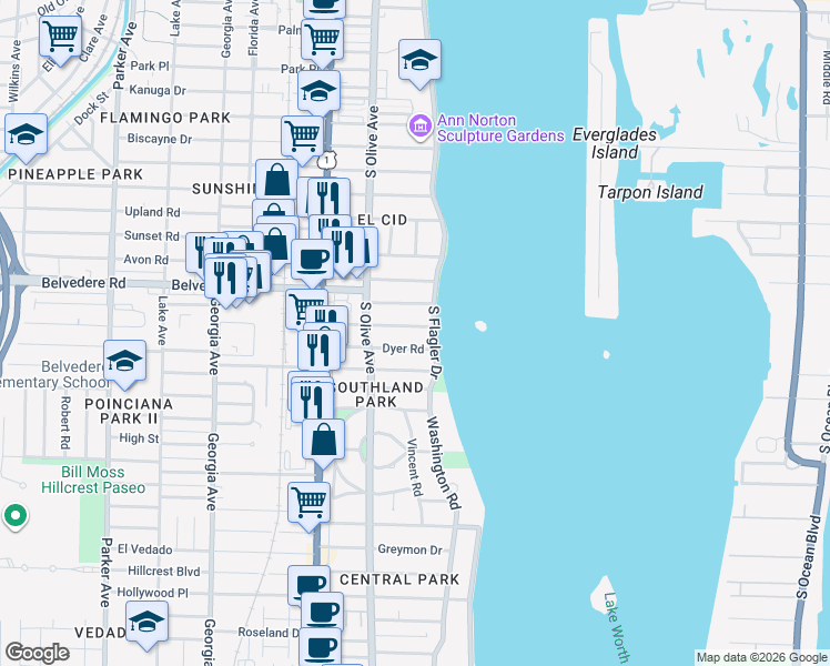 map of restaurants, bars, coffee shops, grocery stores, and more near 2701 South Flagler Drive in West Palm Beach