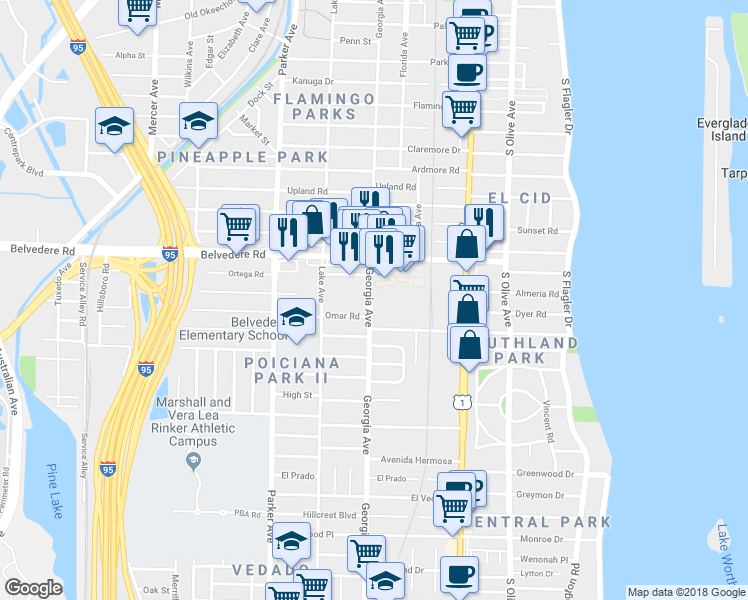 map of restaurants, bars, coffee shops, grocery stores, and more near 632 Belvedere Road in West Palm Beach