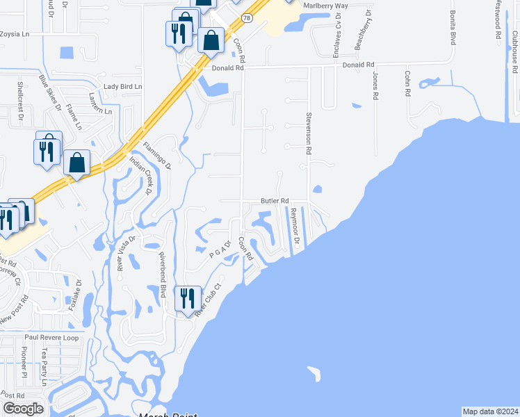 map of restaurants, bars, coffee shops, grocery stores, and more near 15456 Admiralty Circle in North Fort Myers