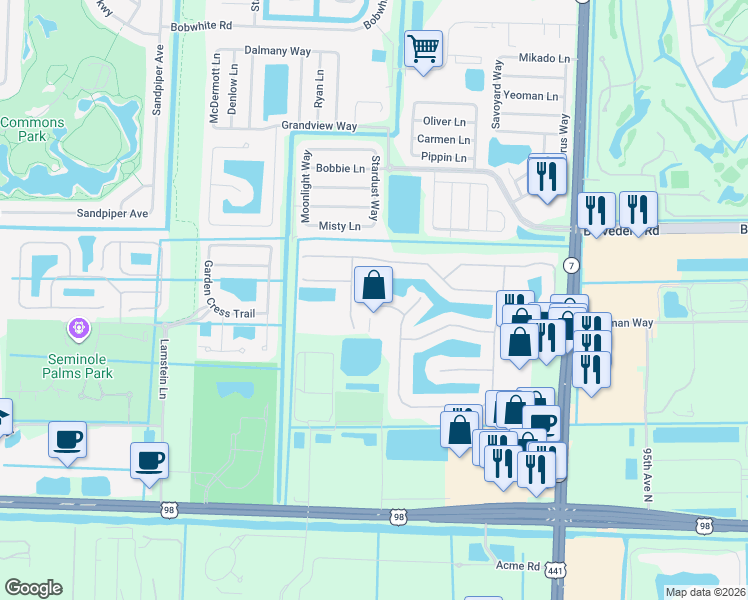 map of restaurants, bars, coffee shops, grocery stores, and more near 112 Ibisca Terrace in Royal Palm Beach