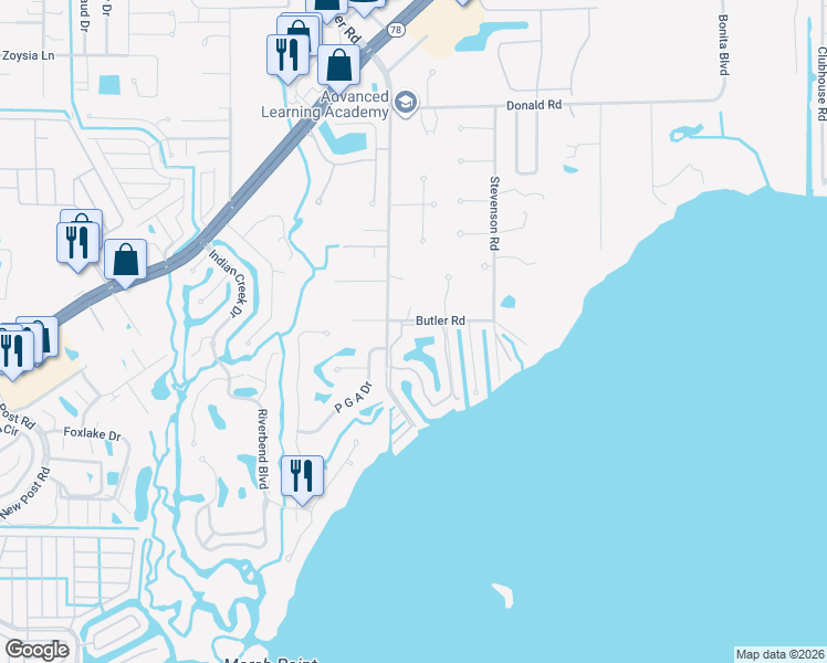 map of restaurants, bars, coffee shops, grocery stores, and more near 15456 Admiralty Circle in North Fort Myers