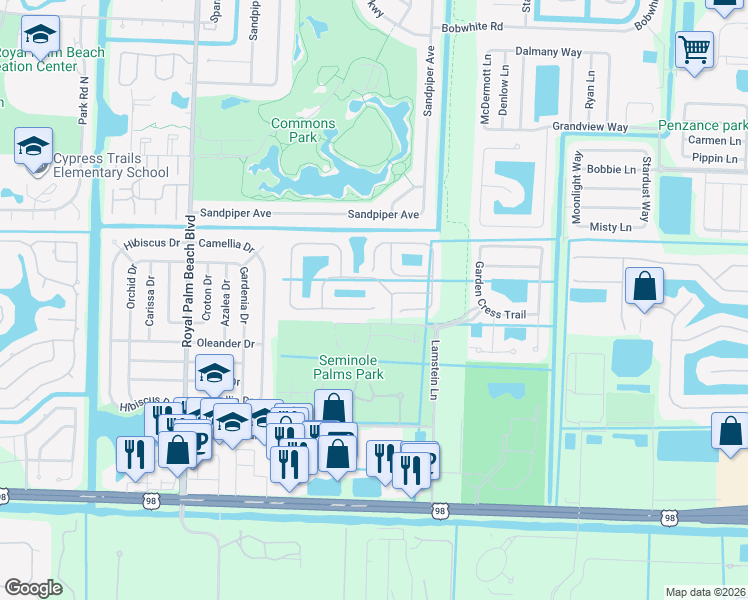 map of restaurants, bars, coffee shops, grocery stores, and more near 127 Cayo Costa Court in Royal Palm Beach