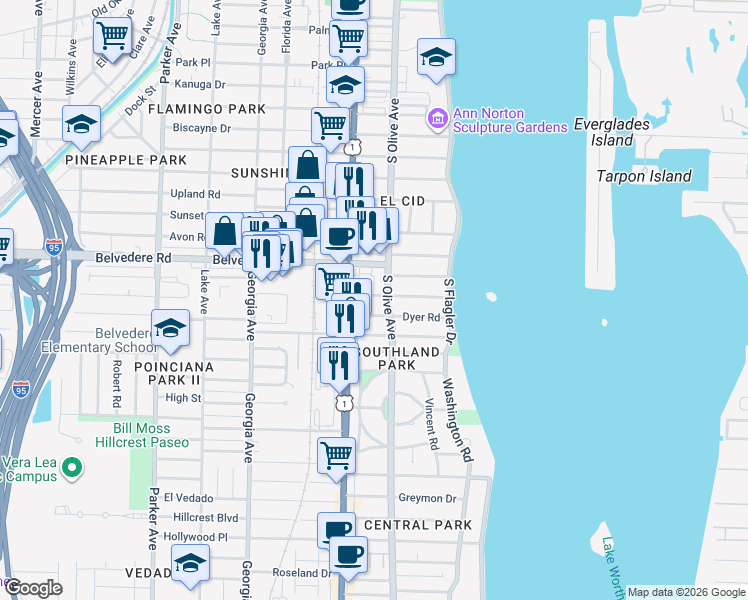 map of restaurants, bars, coffee shops, grocery stores, and more near 315 Almeria Road in West Palm Beach