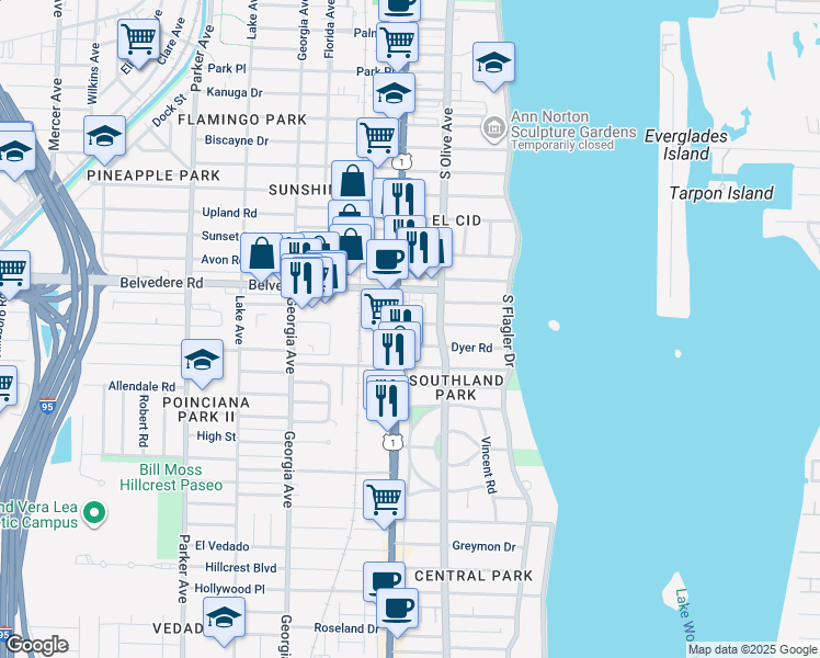 map of restaurants, bars, coffee shops, grocery stores, and more near 315 Almeria Road in West Palm Beach