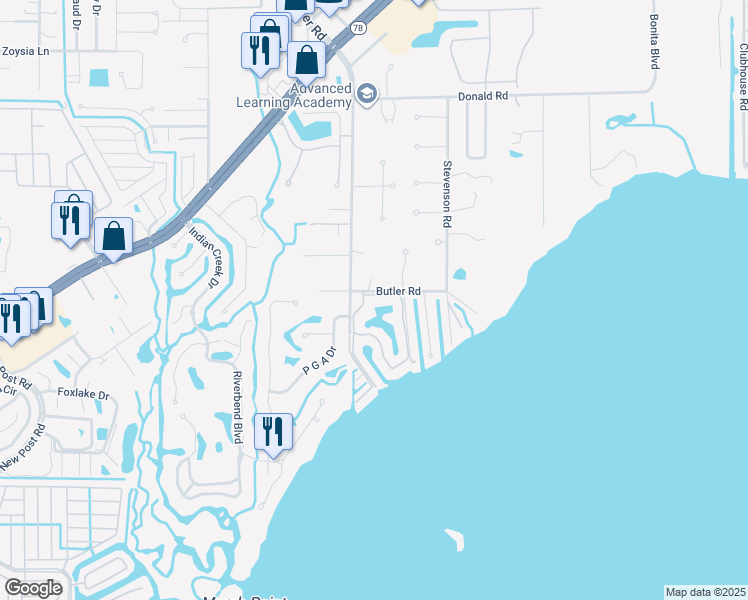 map of restaurants, bars, coffee shops, grocery stores, and more near 1041 Butler Road in North Fort Myers