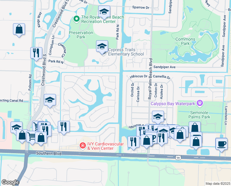 map of restaurants, bars, coffee shops, grocery stores, and more near 200 Cypress Trce in Royal Palm Beach