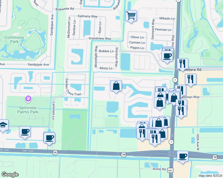 map of restaurants, bars, coffee shops, grocery stores, and more near 112 Sarona Circle in Royal Palm Beach
