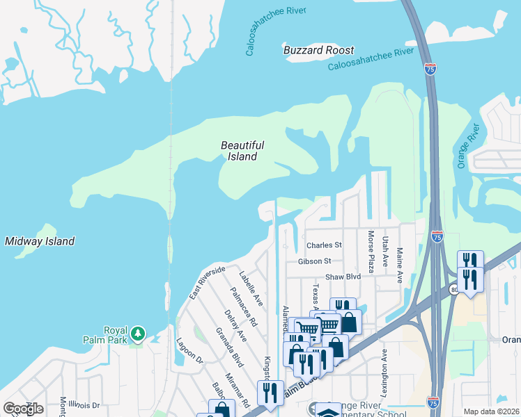 map of restaurants, bars, coffee shops, grocery stores, and more near 4885 East Riverside Drive in Fort Myers