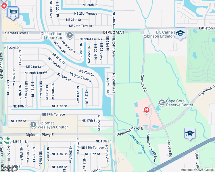 map of restaurants, bars, coffee shops, grocery stores, and more near 1927 Northeast 23rd Place in Cape Coral
