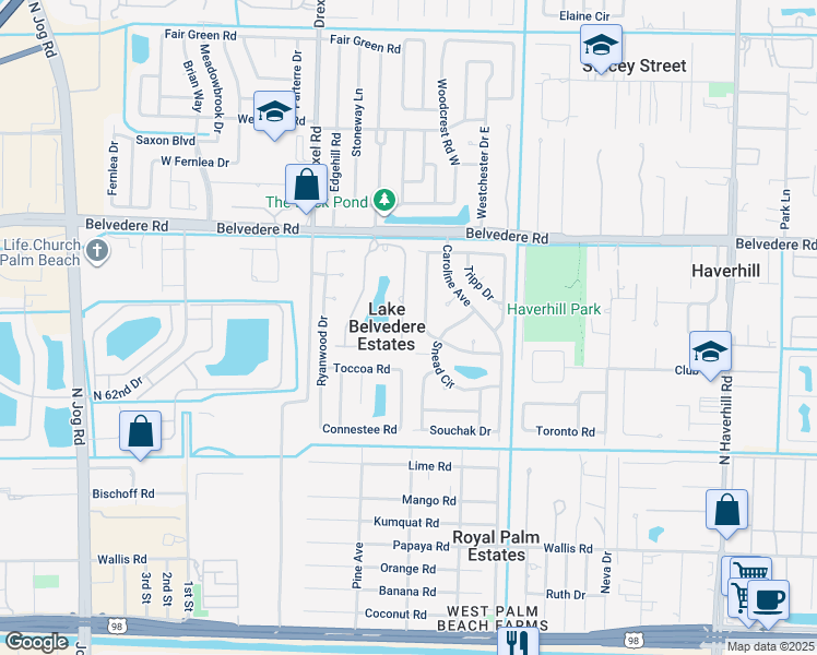 map of restaurants, bars, coffee shops, grocery stores, and more near in Lake Belvedere Estates