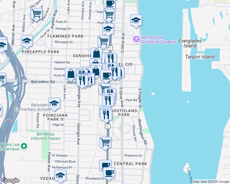 map of restaurants, bars, coffee shops, grocery stores, and more near 315 Almeria Road in West Palm Beach