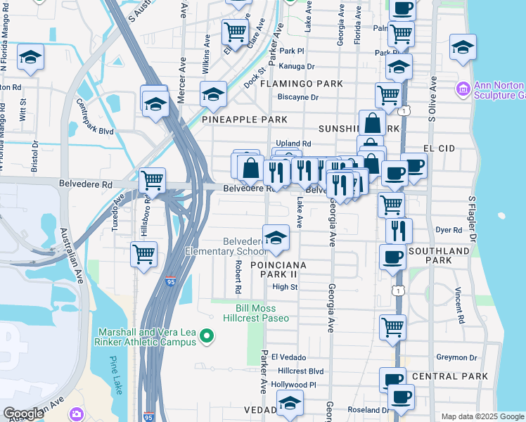 map of restaurants, bars, coffee shops, grocery stores, and more near 2741a Parker Avenue in West Palm Beach