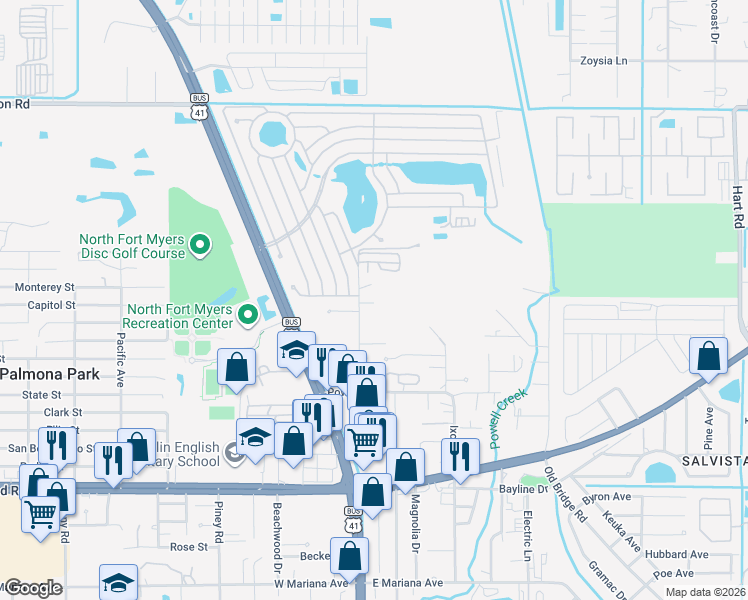 map of restaurants, bars, coffee shops, grocery stores, and more near 2018 Queen Street in North Fort Myers