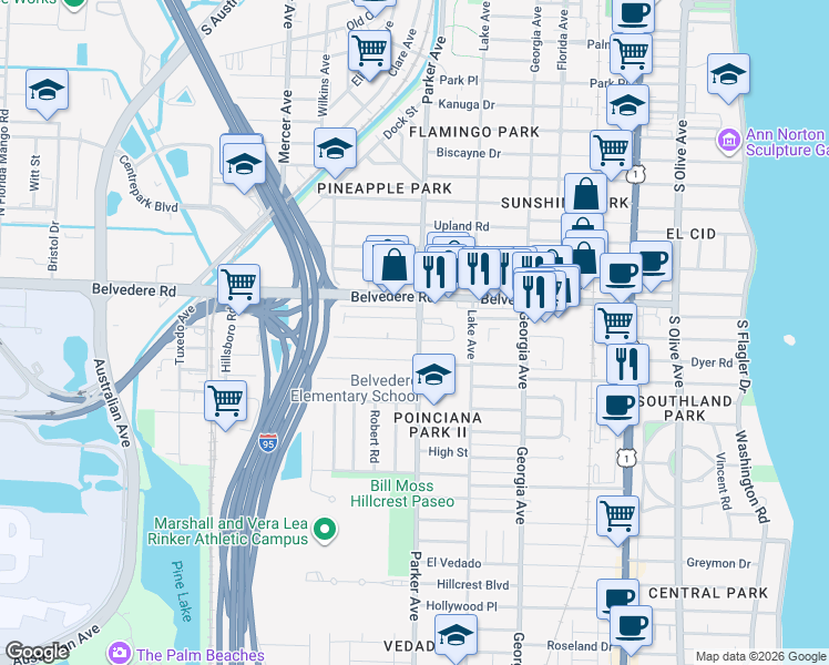 map of restaurants, bars, coffee shops, grocery stores, and more near 2741a Parker Avenue in West Palm Beach