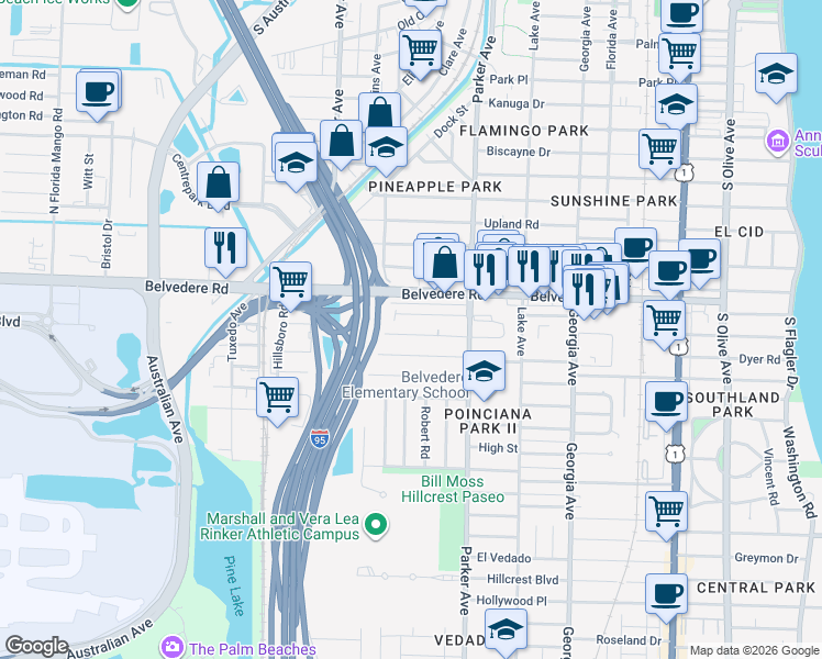map of restaurants, bars, coffee shops, grocery stores, and more near 1023 Almeria Road in West Palm Beach