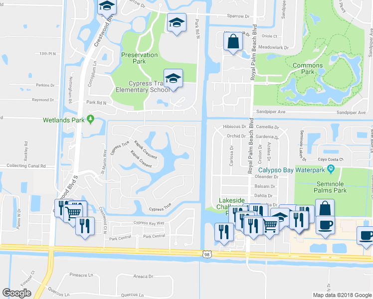map of restaurants, bars, coffee shops, grocery stores, and more near 201 Cypress Trce in Royal Palm Beach
