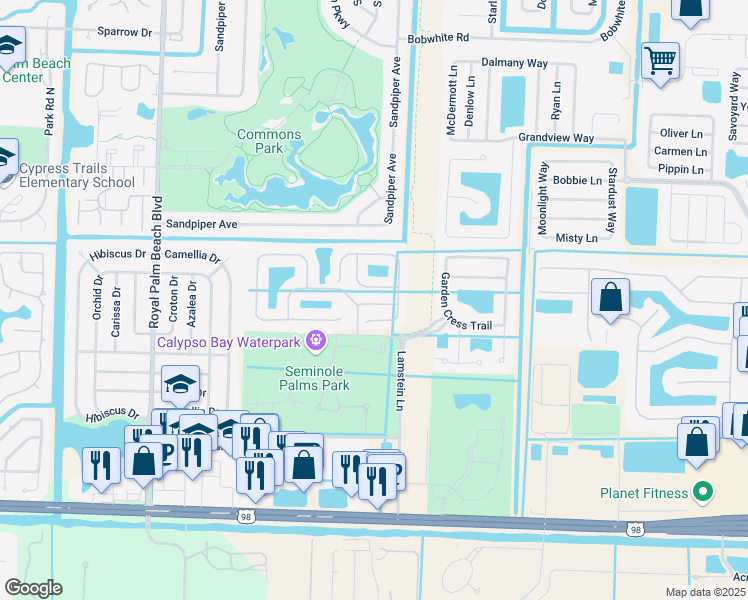 map of restaurants, bars, coffee shops, grocery stores, and more near 112 Wakulla Springs Way in Royal Palm Beach