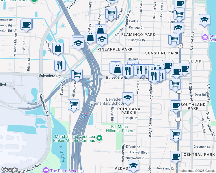 map of restaurants, bars, coffee shops, grocery stores, and more near 1023 Almeria Road in West Palm Beach